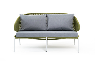 "Милан" диван 2-местный плетеный из роупа, каркас алюминий светло-серый (RAL7035) муар, роуп салатовый меланж круглый, ткань светло-серая