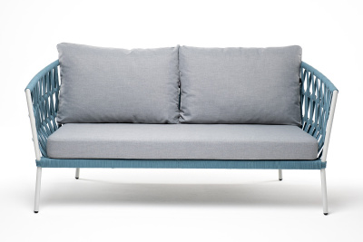 "Диего" диван 2-местный плетеный из роупа, каркас алюминий светло-серый (RAL7035) муар, роуп бирюзовый круглый, ткань светло-серая